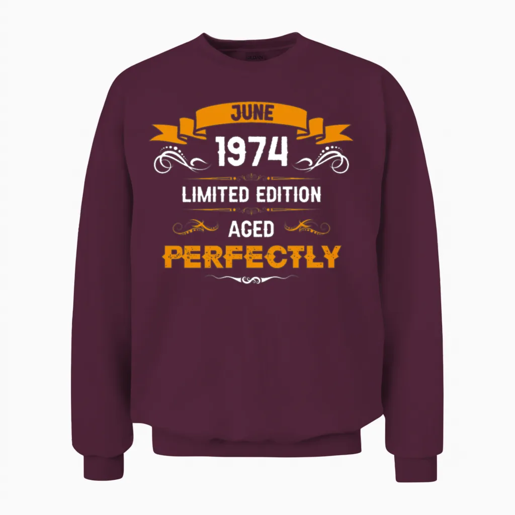 June 1974 Vintage Birthday Present Unisex Sweatshirt in Maroon
