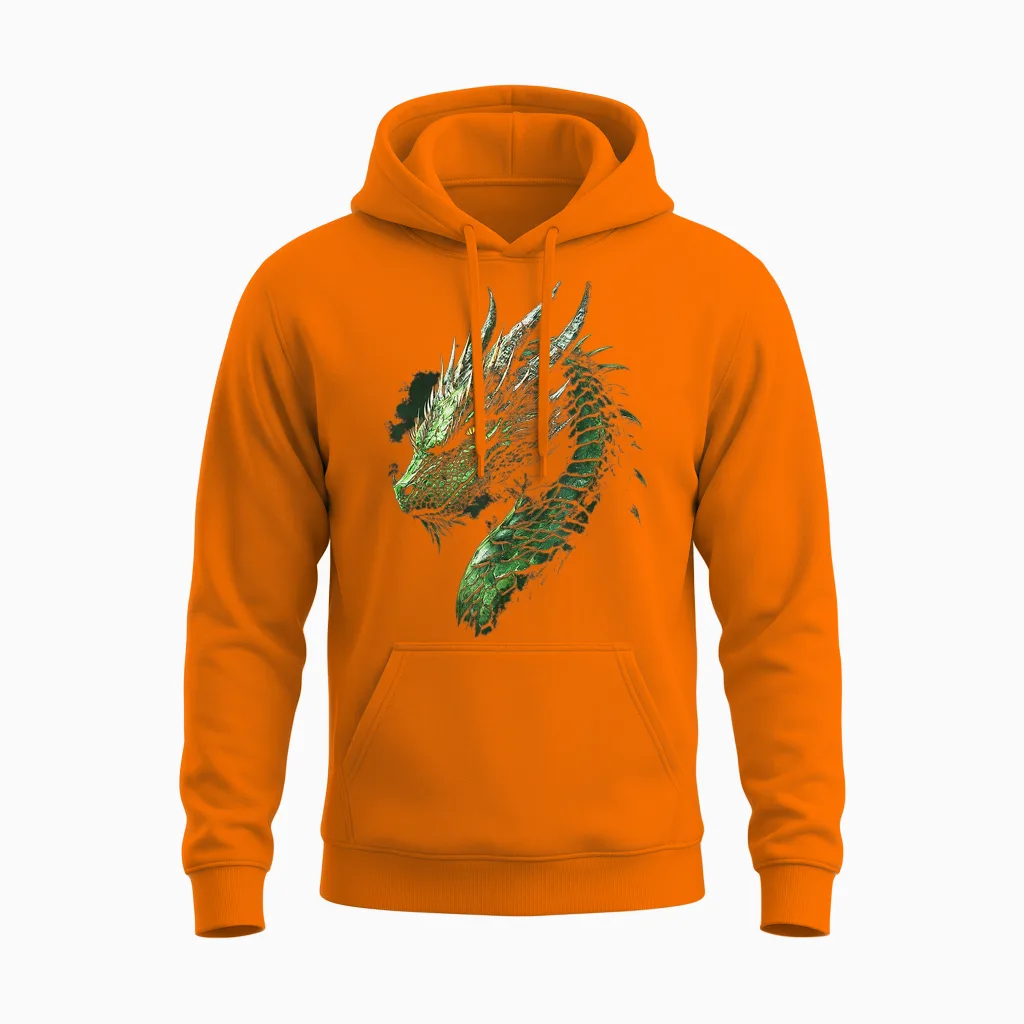 Green Dragon Mythical Illustration Green Dragon T-Shirt, Black Unisex Hoodie in Safety Orange