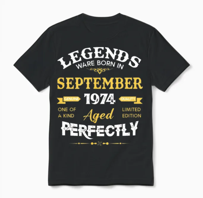 Vintage Aged to Perfection September 1974 Unisex T-Shirt in Black