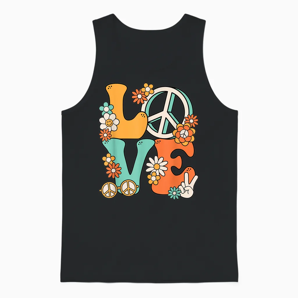 60s 70s Hippie Love Peace Groovy Party Outfit Retro T-Shirt, Black Unisex Tank Top in Black