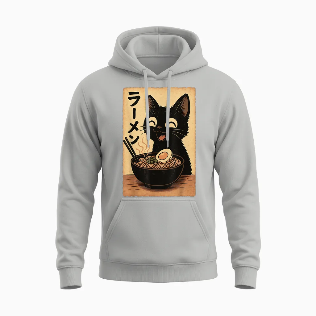 Cat Ramen - Japan Anime T-Shirt, Black, S Unisex Hoodie in Ash