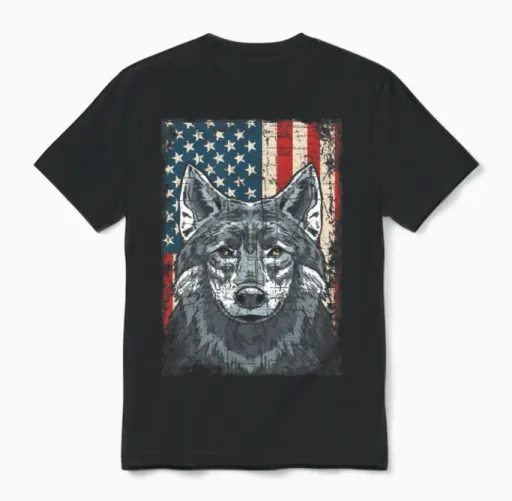 Wolf 4th of July American Flag Howling Wolves Unisex T-Shirt in Black
