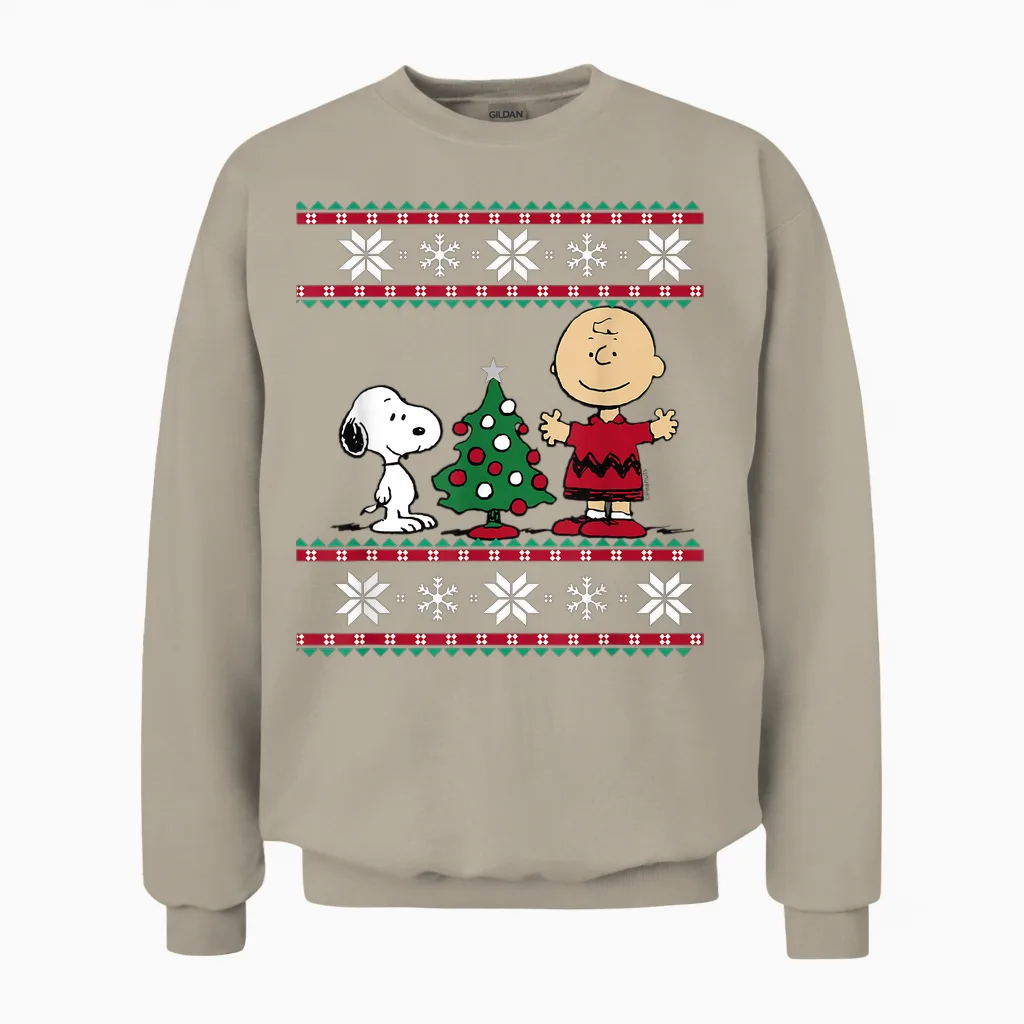 Peanuts Snoopy and Charlie Christmas Tree Short Sleeve T-Shirt Blue Unisex Sweatshirt in Sand