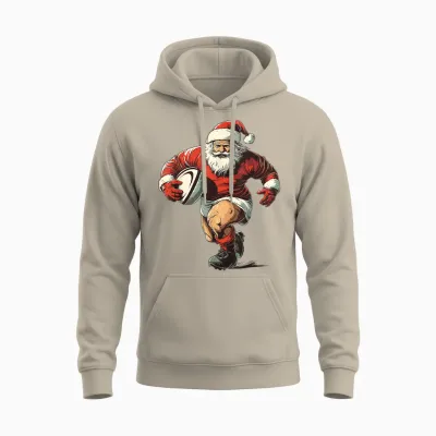 Funny Christmas Pajamas Rugby Player Santa Playing Rugby T-Shirt, Black, S Unisex Hoodie - Sand