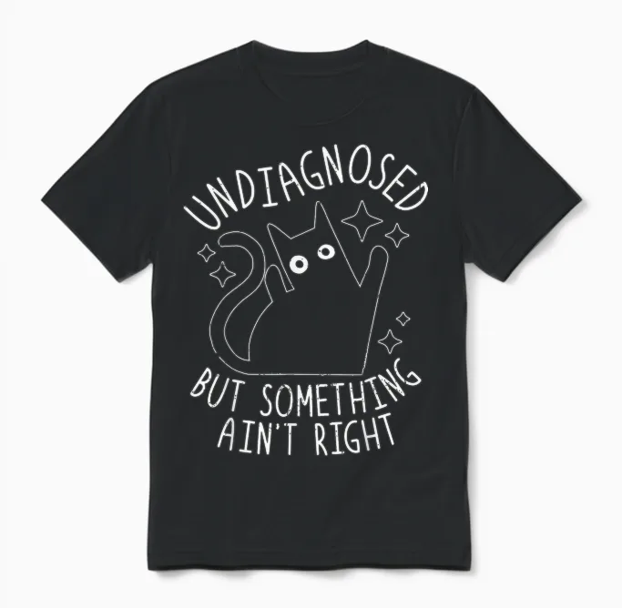 Undiagnosed but Something Ain't Right Funny Adhd Cat Humor Unisex T-Shirt in Black