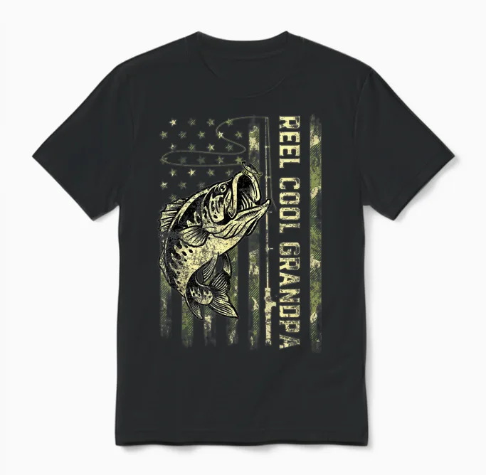 Reel Cool Grandpa Fisherman Camouflage Father's Day Unisex T-Shirt in Black