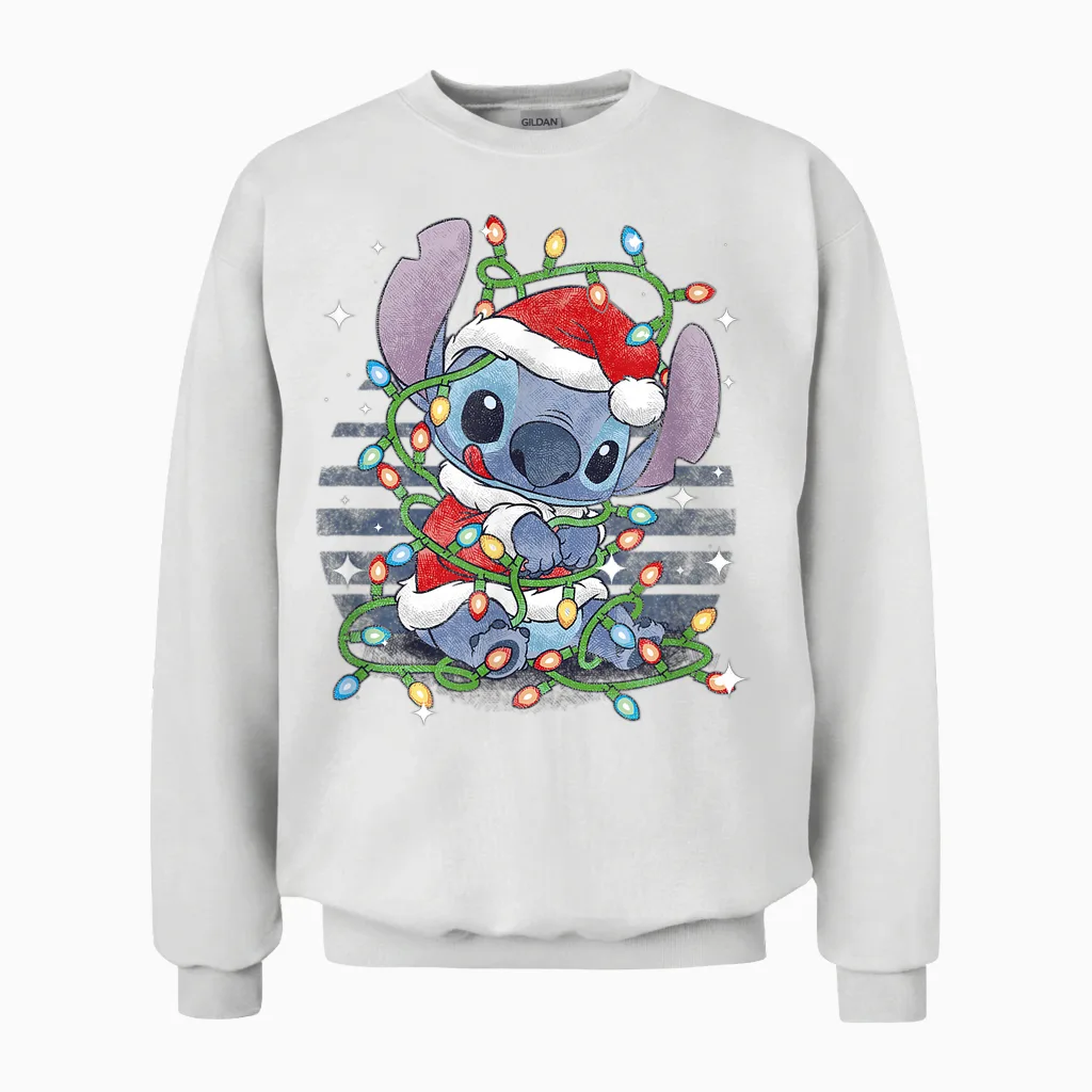 Disney Lilo & Stitch Christmas Tangled Lights Portrait Unisex Sweatshirt in White