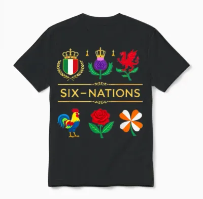 6 Nations Rugby Tournament Six Nation's Rugbyman Supporter Fun Unisex T-Shirt - Black