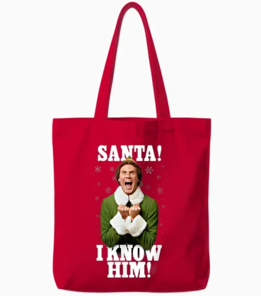 Elf Santa! I Know Him! Buddy Funny Christmas Tote Bags - Red