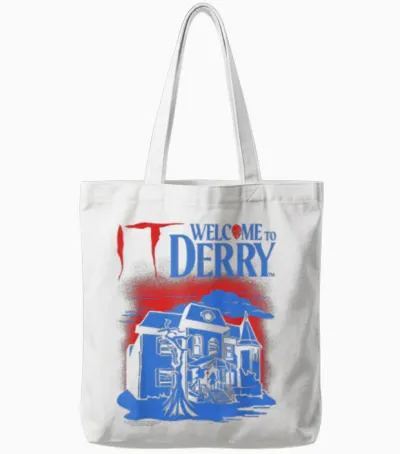 It: Welcome to Derry Haunted House with Logo Horror Tv Show Tote Bags - White