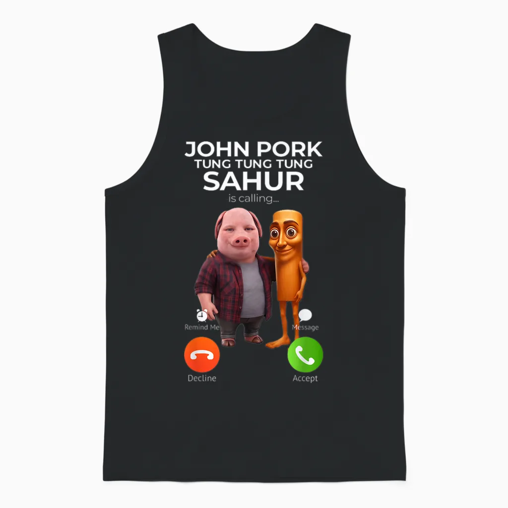 Tung Tung Tung Sahur John Pork Meme Brainrot Calling Unisex Tank Top in Black