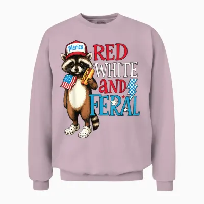 Funny Raccoon 4th of July Patriotic Cute Red White and Feral Unisex Sweatshirt - Light Pink
