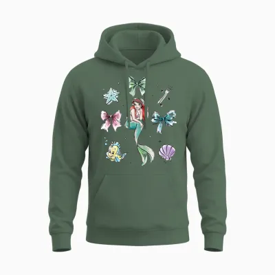 Disney the Little Mermaid Essentials Watercolor Chest Logo Unisex Hoodie - Military Green