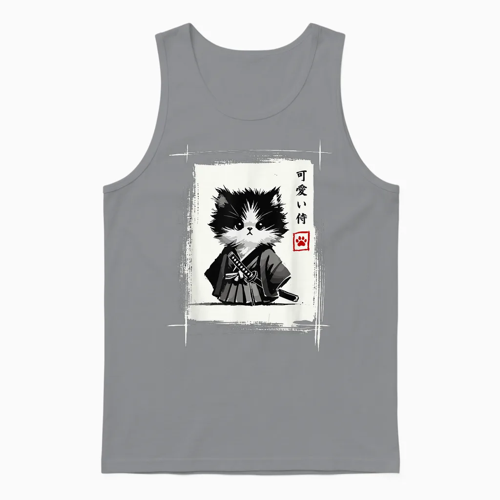 Samurai Cat Japanese Art Sumi-E Novelty Kawaii Funny Cat Unisex Tank Top in Sport Grey