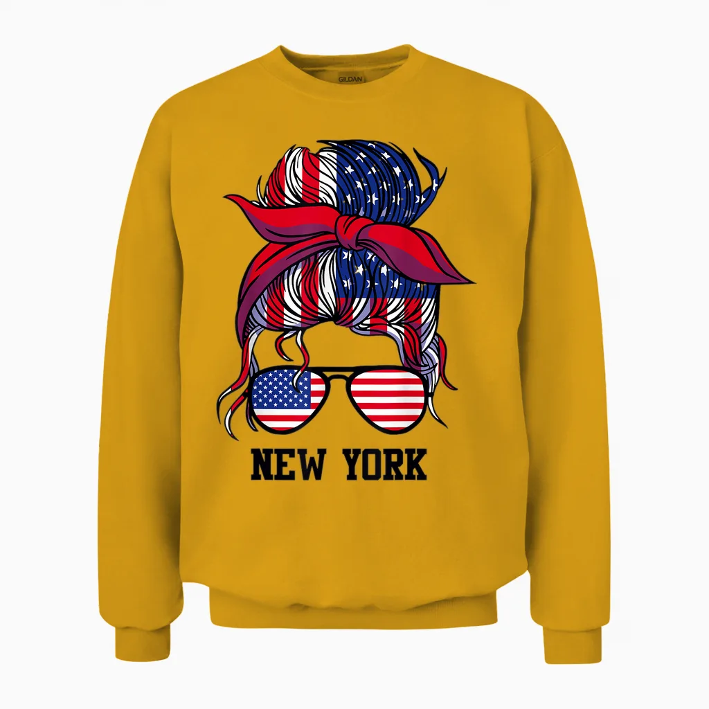 Bandana Scarf Sunglasses Girl New York T-Shirt, White, S Unisex Sweatshirt in Gold
