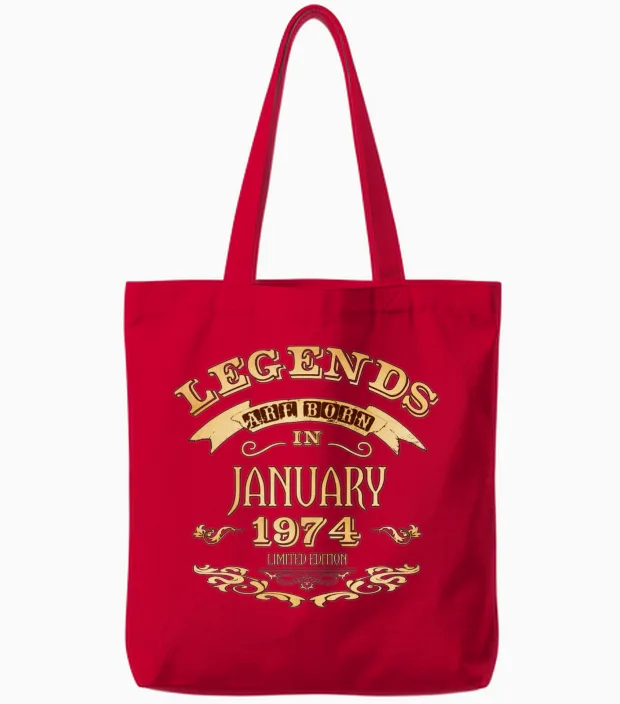 Legends Are Born in January 1974 Tote Bags in Red