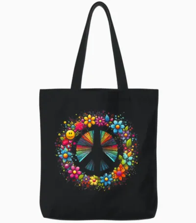 Peace Love Hippie Retro Tie Dye 60s 70s Vintage Graphic Tote Bags - Black