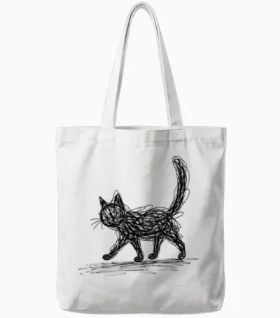 Minimalist Cat, Hand Drawn Kitten Tote Bags - White