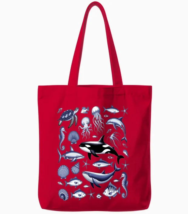 Underwater Marine Life Illustration Tote Bags in Red