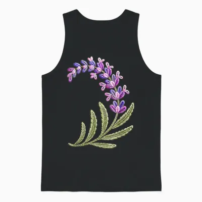 Stitches Embroidery Art Lavender Flowers Unisex Tank Top - Black