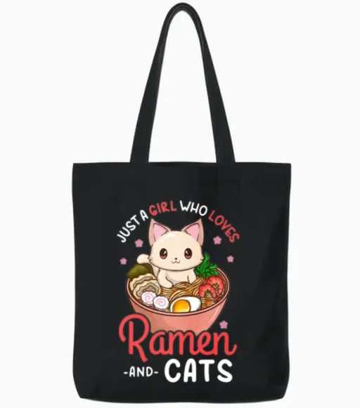 Ramen Cat Anime Lovers Tote Bags in Black