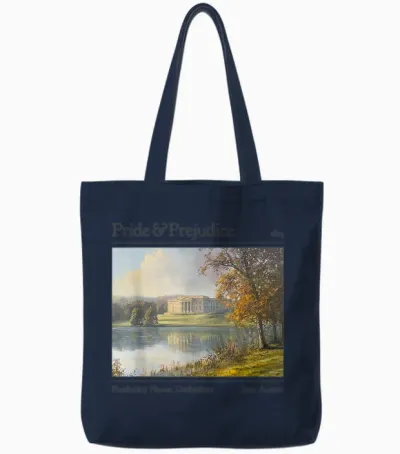 Jane Austen Pemberley 250th Anniversary Pride and Prejudice T-Shirt, Black, S Tote Bags - Navy