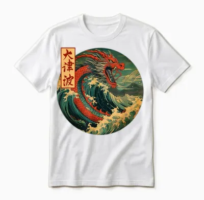 Japanischer Drache Die Große Welle Vor Kanagawa Kanji Japan Kunst Unisex T-Shirt - White