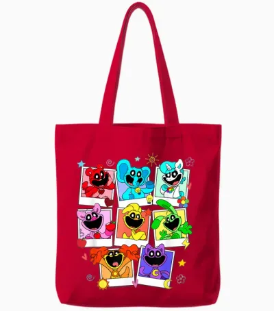 Poppy Playtime Colorful Polaroid Smiling Critters Group Shot Tote Bags - Red