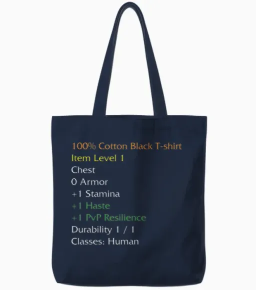 Wow Funny Item Stats Description Black Meme Tote Bags in Navy