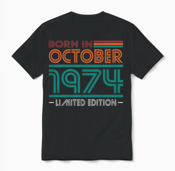 50th Birthday Vintage October 1974 Born in 1974 Unisex T-Shirt in Black