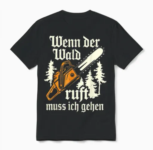 T-Shirt with German Text "wenn Der Wald Ruft Muss Ich Gehen Holzfäller Kettensaw", Black Unisex T-Shirt in Black