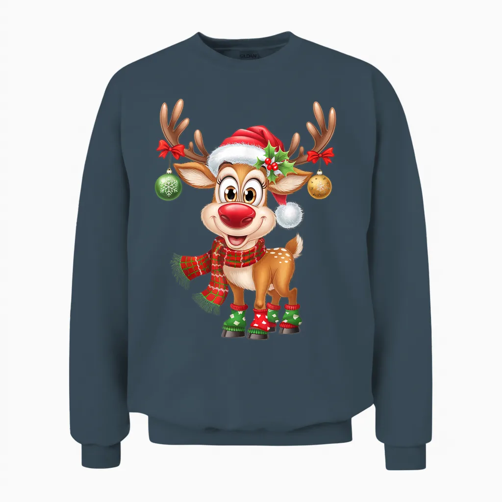 Christmas T-Shirt Reindeer Rudolph Funny Gift T-Shirt, Black Unisex Sweatshirt in Dark Heather