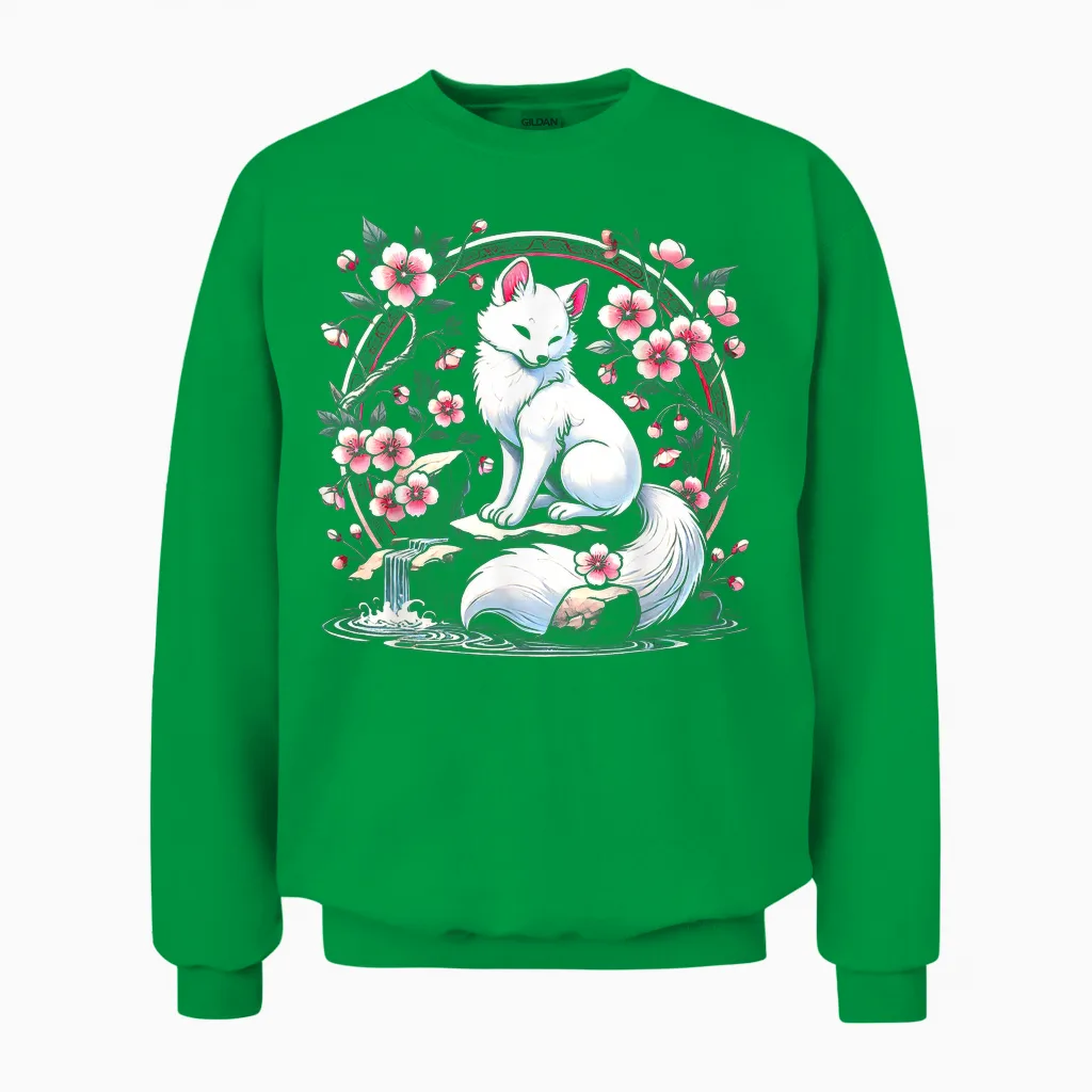 Japanese Kitsune Yokai White Fox Ghost Ukiyo-E Vintage Unisex Sweatshirt in Irish Green