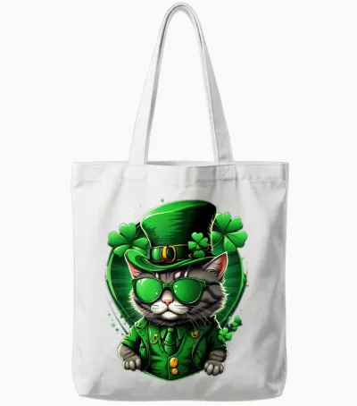 St Patricks Day Cat Men Women Boys Girls Clover Irish Cats Tote Bags - White