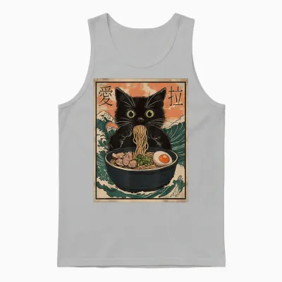 Cat Ramen Japanese Art Great Wave Kanagawa Funny Graphic Unisex Tank Top - Ash