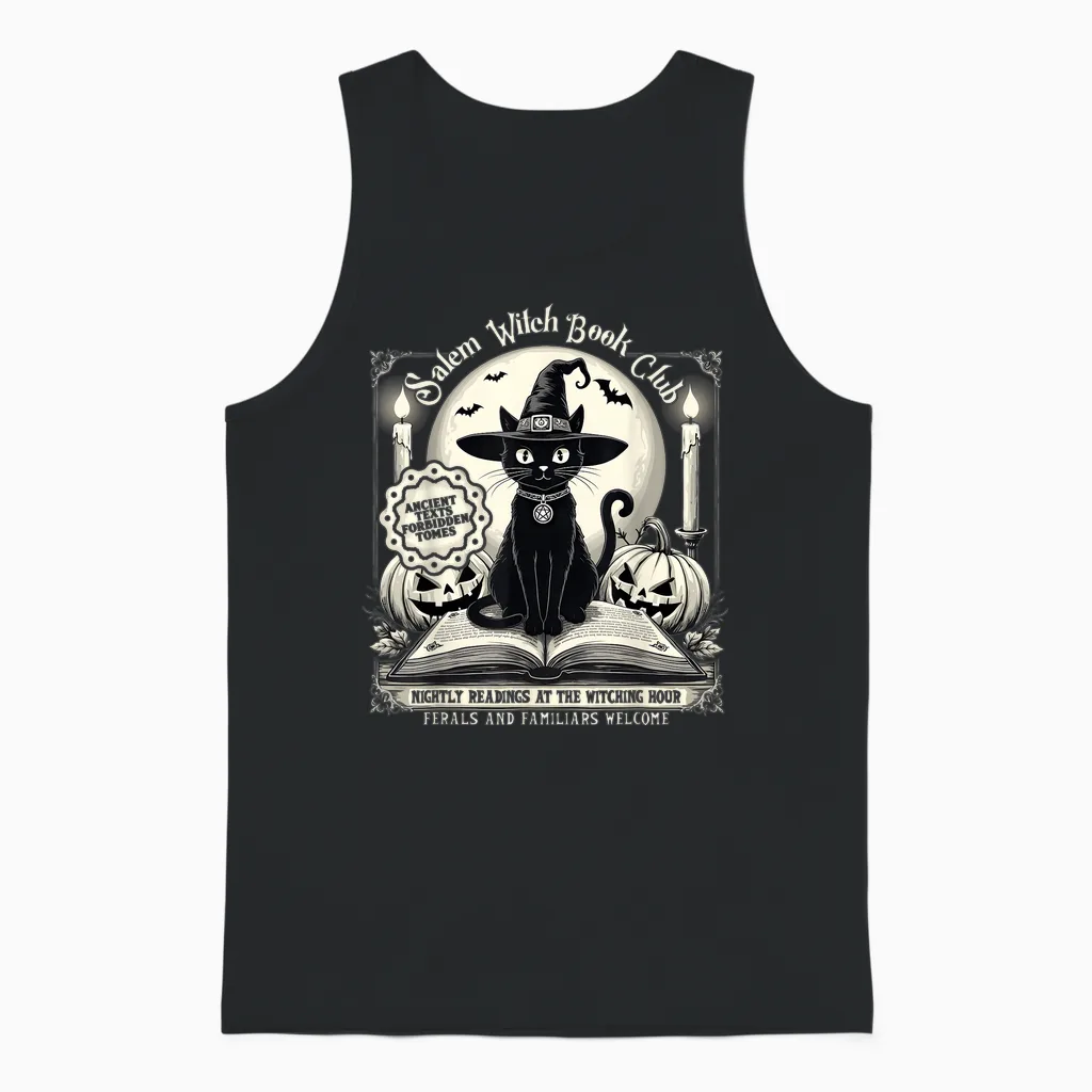 Salem Witch Book Club Vintage Halloween Cat Noir Book Lover Unisex Tank Top in Black