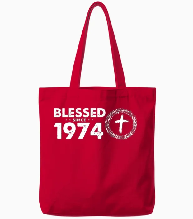 Retro 50th Birthday - Blessed Since 1974 by God's Tote Bags in Red