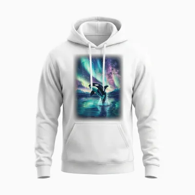 Orca T with a Northern Lights Orca T-Shirt, Black Unisex Hoodie - White