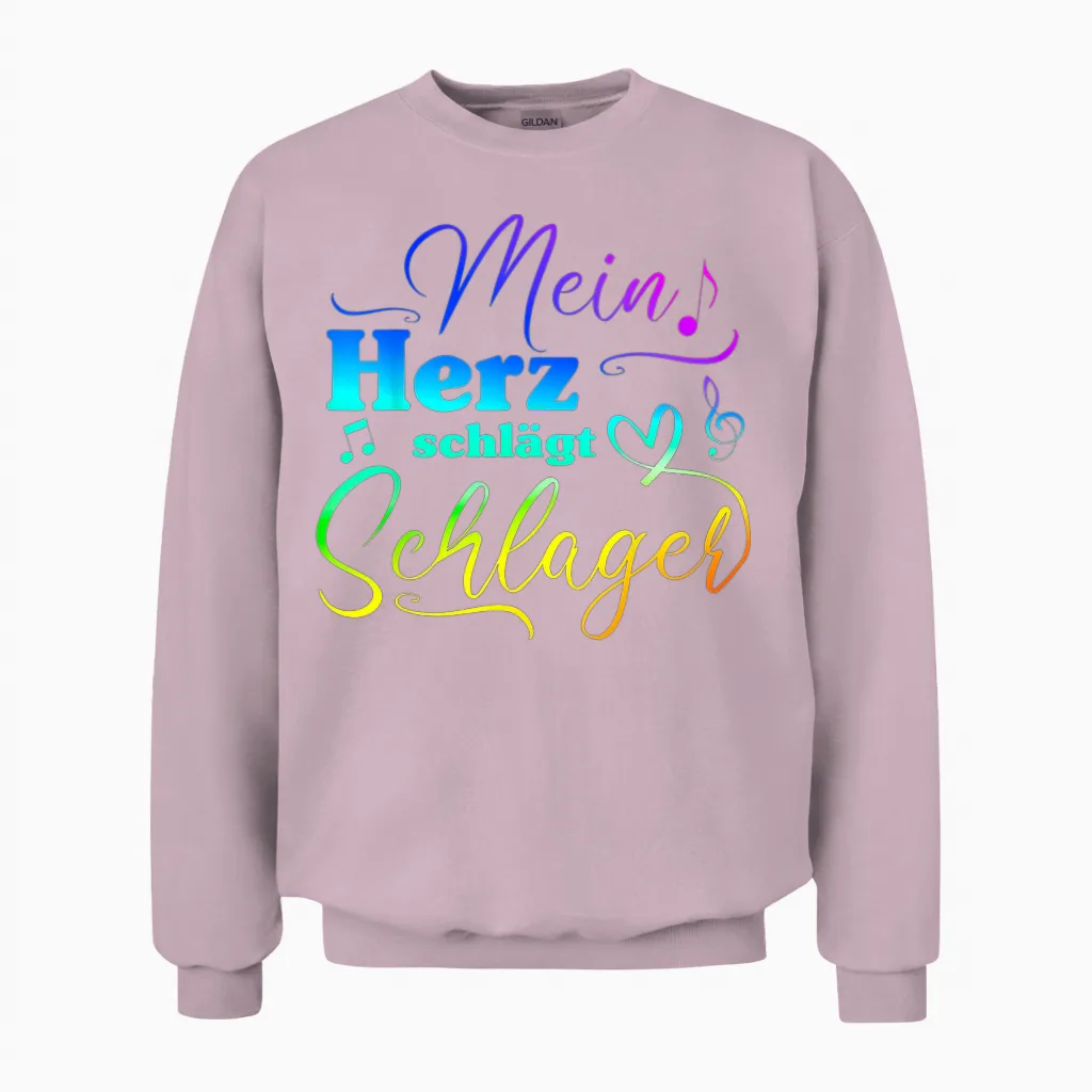 T-Shirt with German Text "my Heart Beats for Schlagermusik" [, Black Unisex Sweatshirt in Light Pink