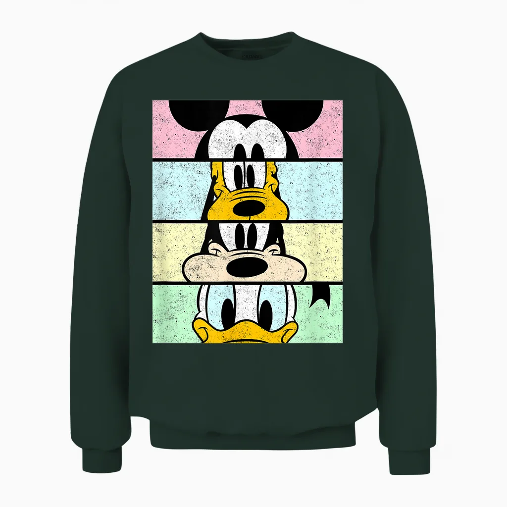 Disney Mickey and Friends Group Comic Panels Distressed Unisex Sweatshirt in Forest