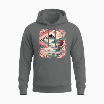 Vintage Japanese Cherry Blossom Flower Landscape Mountain Unisex Hoodie - Graphite Heather
