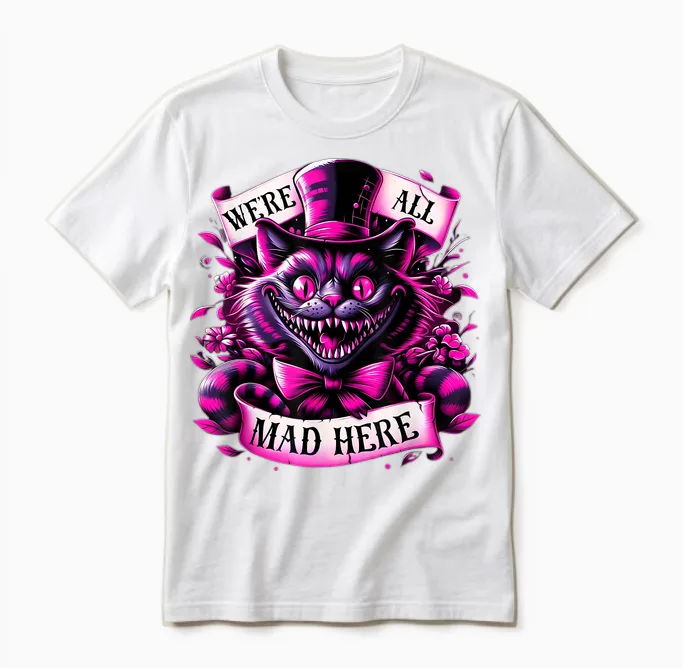 Cheshire Cat Alice in Wonderland Party T-Shirt, Black Unisex T-Shirt in White