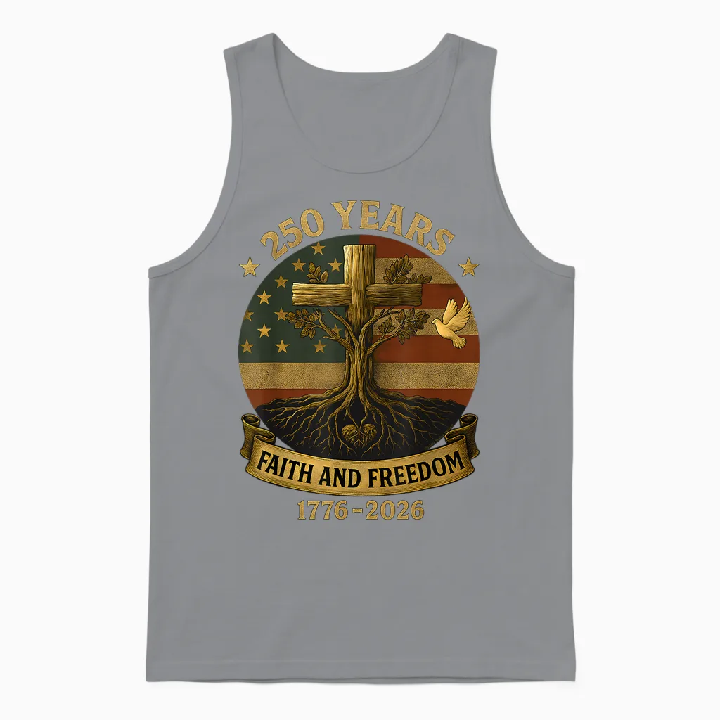 Flag Cross Tree 250 Years Faith and Freedom 1776-2026 Unisex Tank Top in Sport Grey
