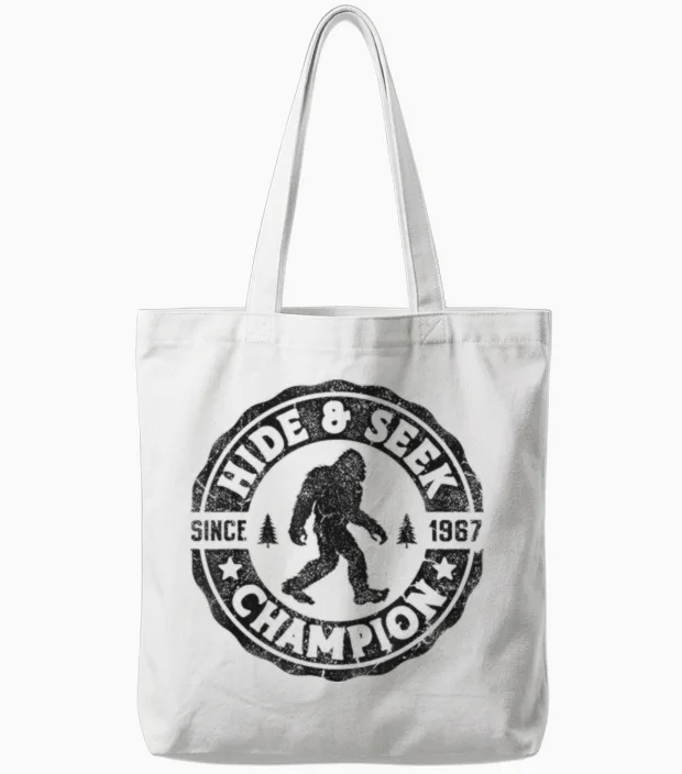 Bigfoot Hide and Seek Champion Funny Sasquatch Retro Vintage Tote Bags in White