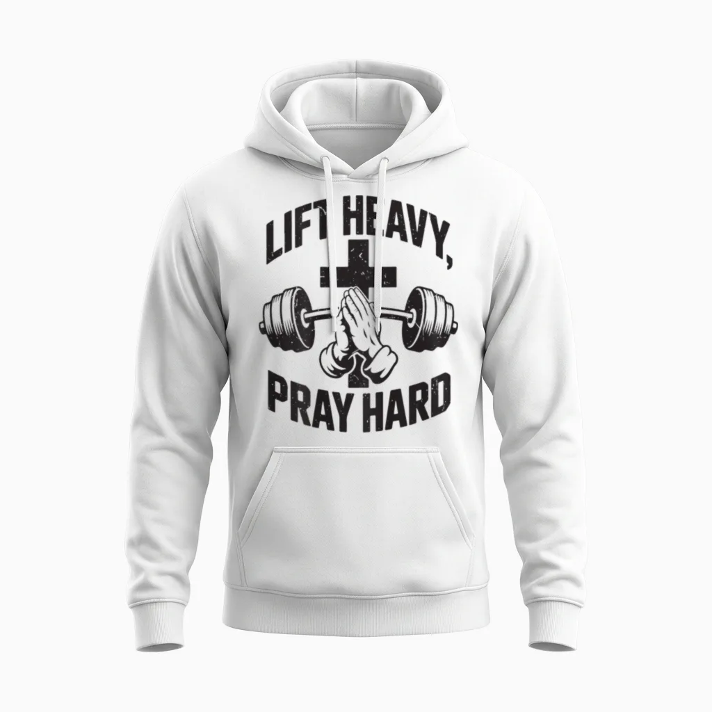 Lift Heavy Pray Hard Men's Christian Workout Gym Unisex Hoodie in White