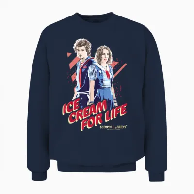 Stranger Things Steve Robin Ice Cream for Life Chest Unisex Sweatshirt - Navy