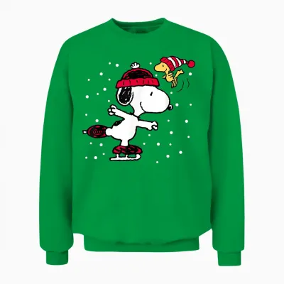 Peanuts Snoopy and Woodstock Skate Holiday Short Sleeve Unisex Sweatshirt - Irish Green