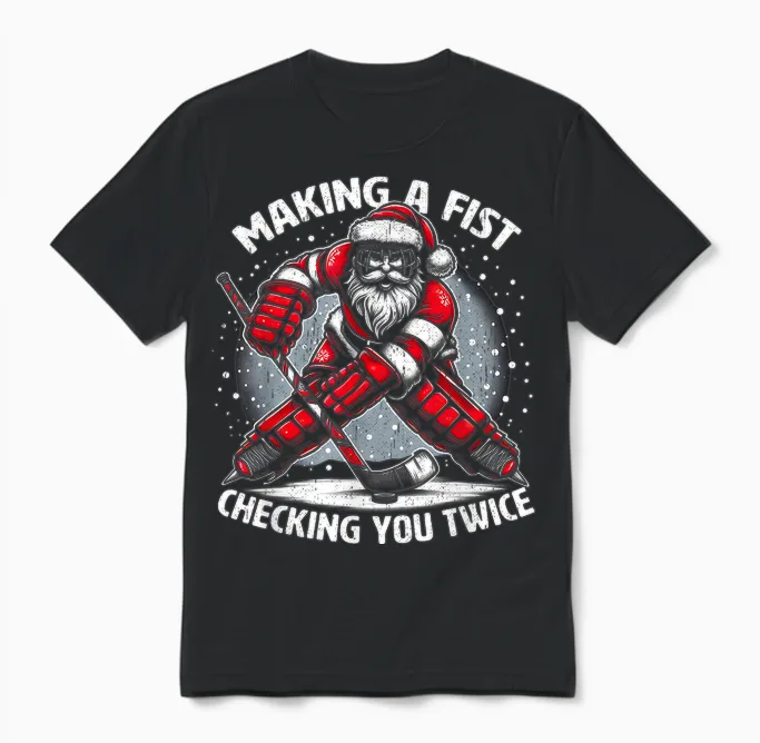 Making a Fist Checking You Twice Ugly Christmas Santa Hockey Unisex T-Shirt in Black