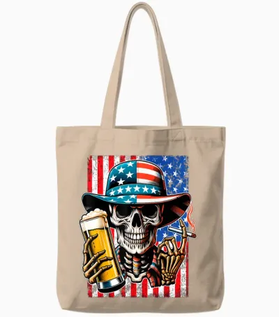 4th of July Shirt for Women Men American Flag Skull Skeleton Tote Bags - Natural