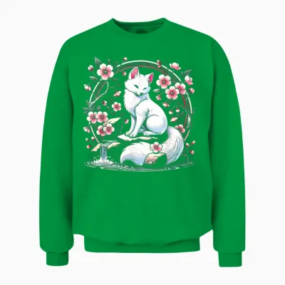 Japanese Kitsune Yokai White Fox Ghost Ukiyo-E Vintage Unisex Sweatshirt - Irish Green